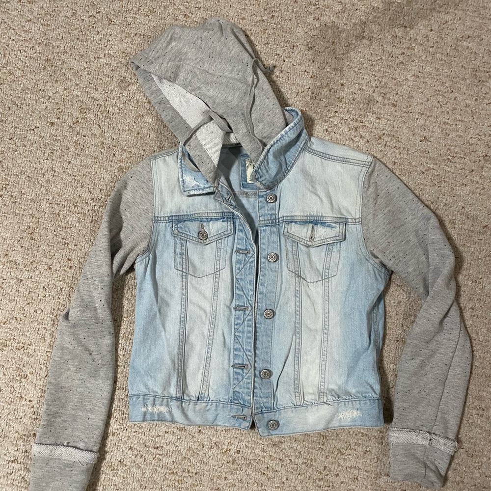 MUDD Jean Jacket with Sweatshirt Sleeves and Hood